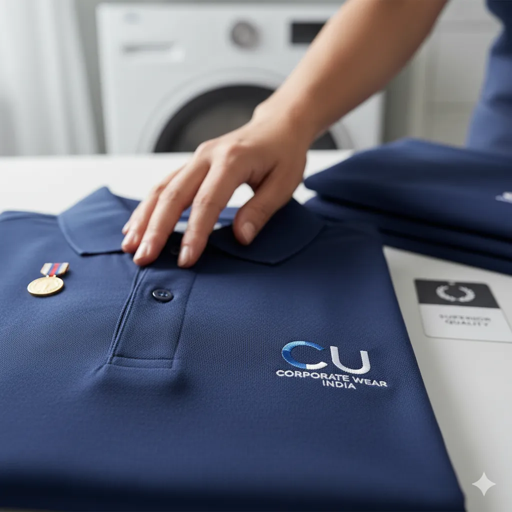 Hand smoothing a folded navy polo shirt with embroidered chest logo beside laundry machine and folded stacks