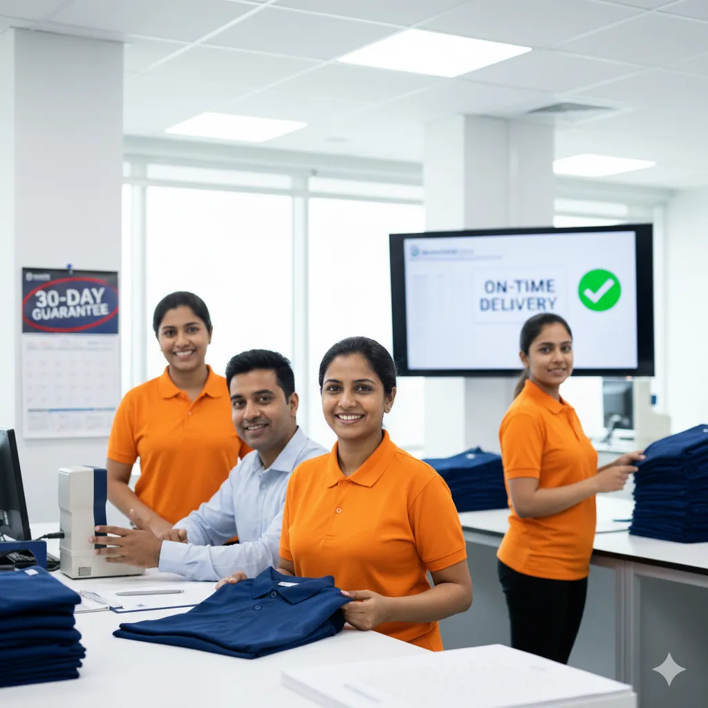 Staff in orange polo shirts checking and folding stacks of navy polo shirts in a bright office