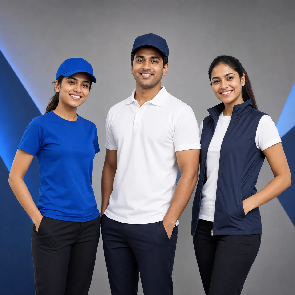 Three staff in blue t-shirt, white polo shirt and navy zip bodywarmer, two wearing baseball caps