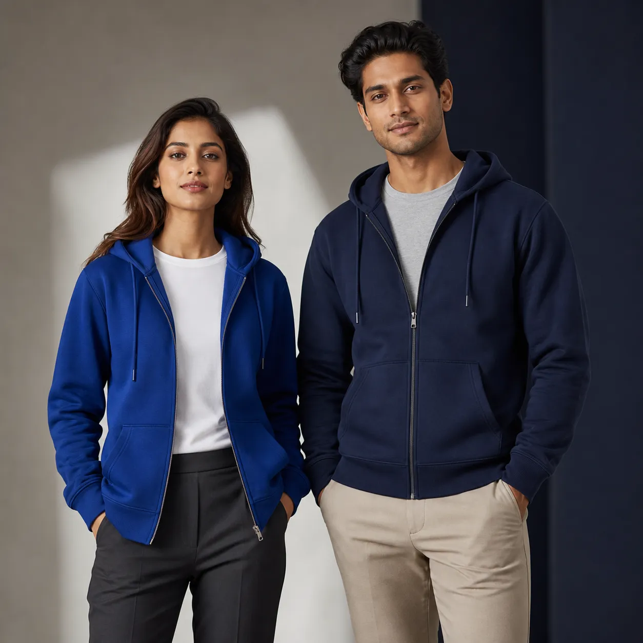 Woman in royal blue zip-up hoodie beside man in navy hooded sweatshirt with drawstrings and pockets