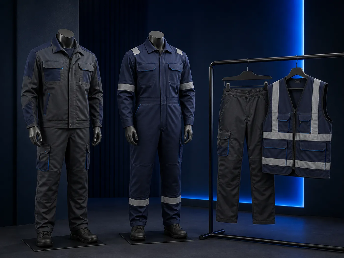 Navy work jacket, reflective-striped coverall, grey cargo trousers and hi-vis vest on mannequins and hanging rail