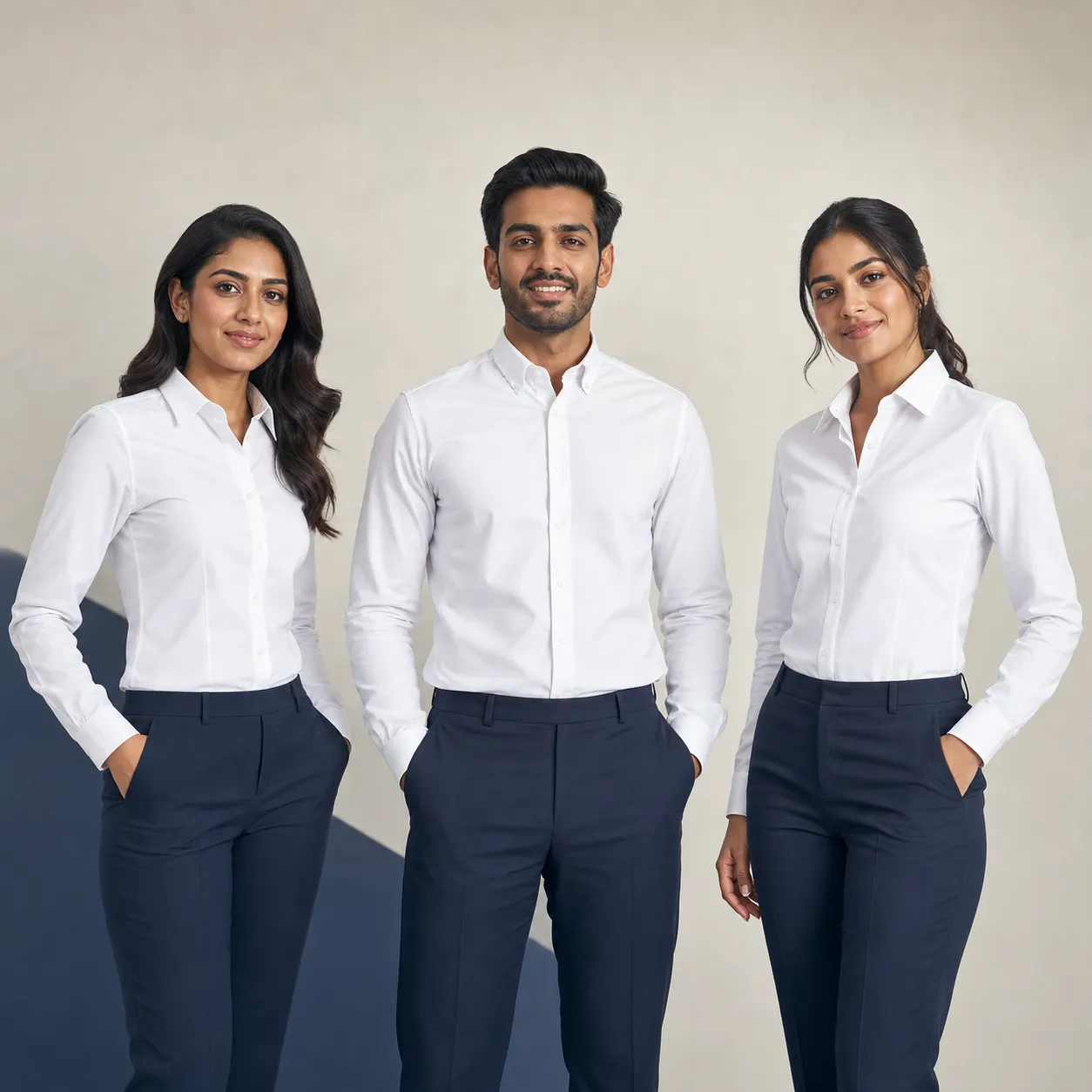 Three colleagues in crisp white long-sleeve formal shirts with navy tailored trousers, hands in pockets