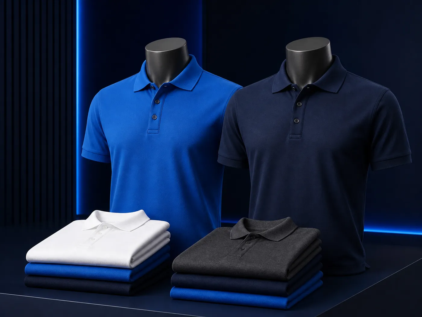 Royal blue and navy polo shirts on mannequins with folded white, charcoal and blue polos stacked