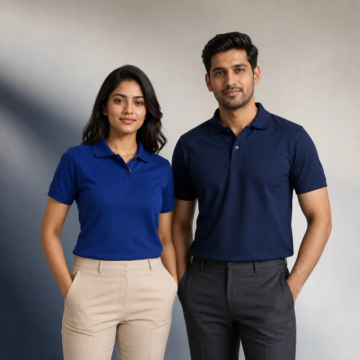 Woman in royal blue polo shirt beside man in navy polo shirt with dark formal trousers