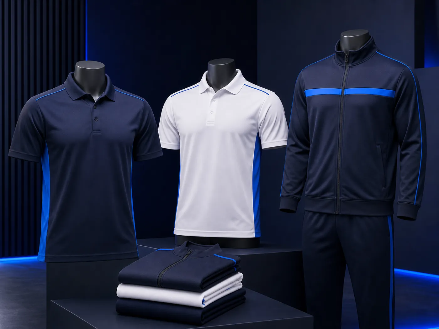 Navy and white short-sleeve polo shirts on mannequins beside a zip-up navy tracksuit and folded stack