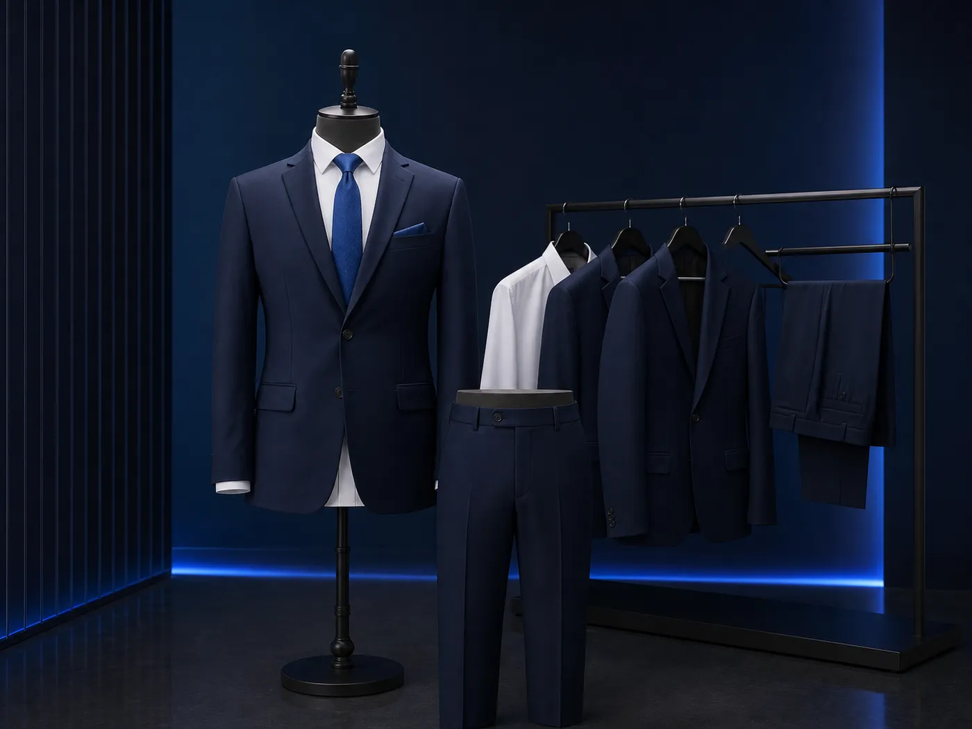 Navy two-button suit jacket on a mannequin with white shirt and blue tie, matching trousers and rack behind