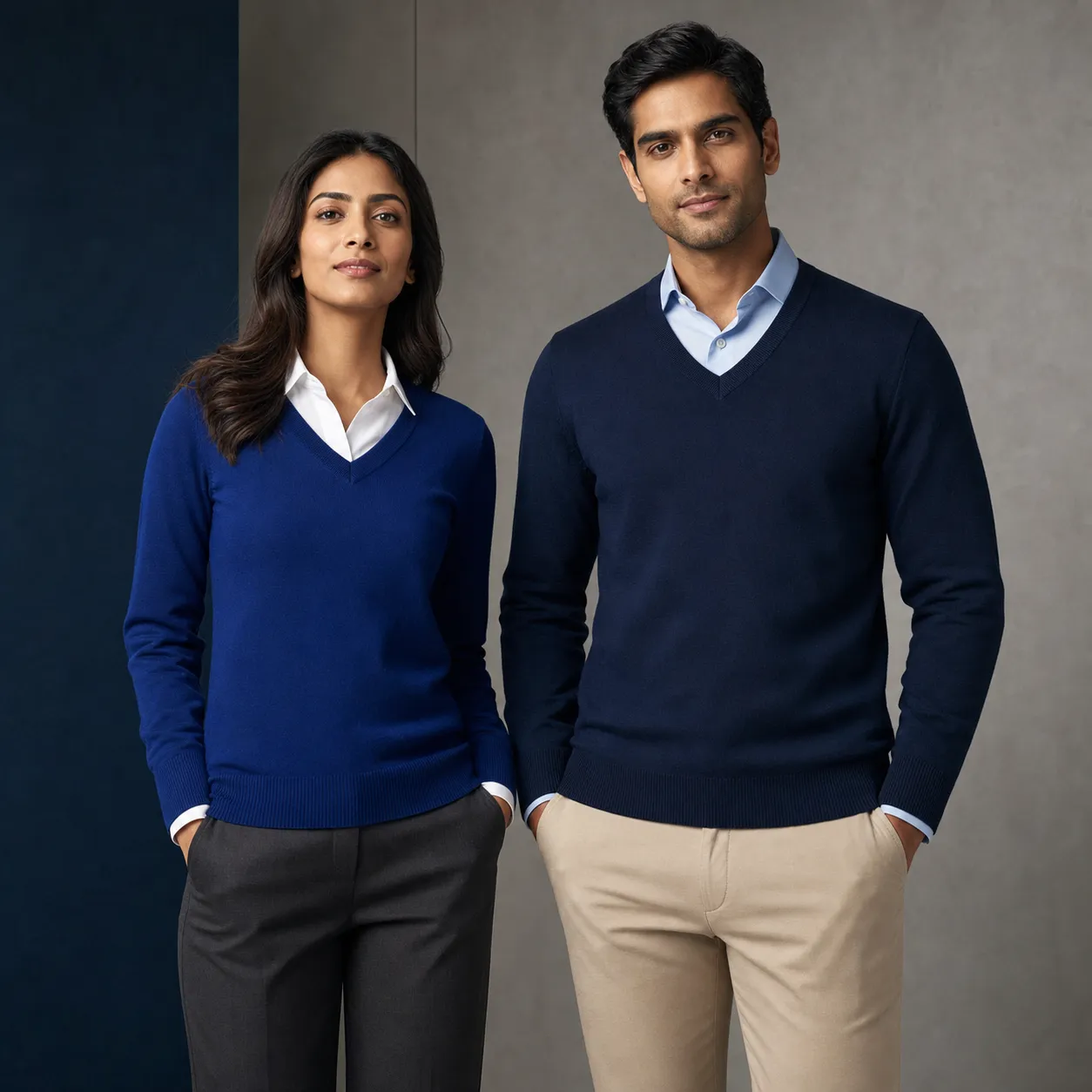 Woman in royal blue V-neck sweater and man in navy sweater, both over collared formal shirts
