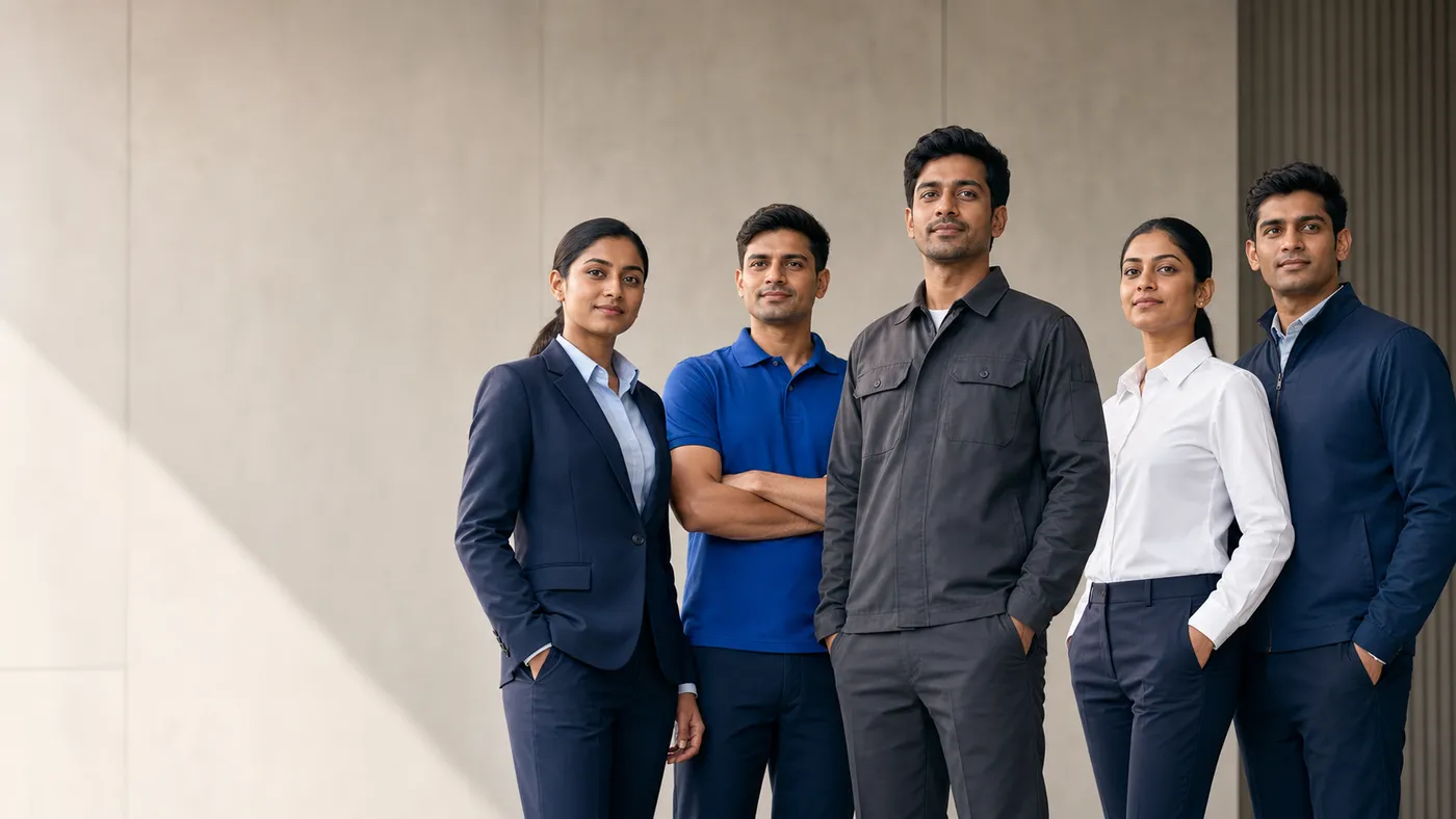 Five colleagues wearing navy suit, blue polo shirt, grey work jacket, white shirt and navy jacket