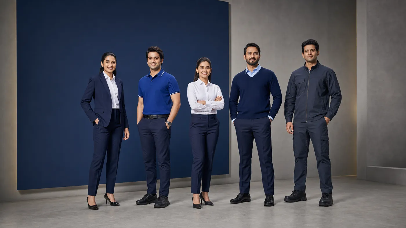 Five staff in navy suit, blue polo shirt, white formal shirt, navy sweater and grey work jacket