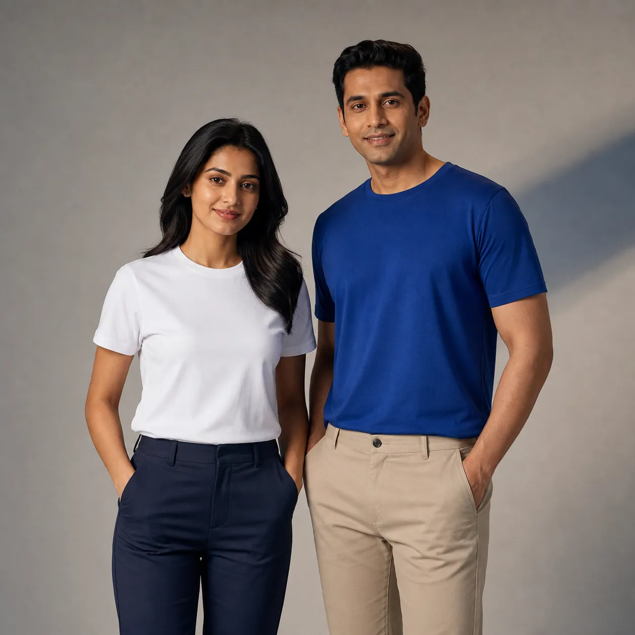 Woman in plain white crew-neck t-shirt beside man in royal blue t-shirt and beige chinos
