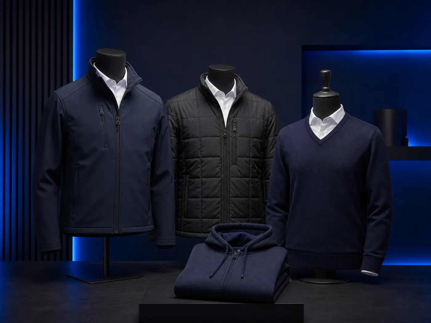 Navy softshell jacket, black quilted jacket and navy V-neck sweater on mannequins with folded zip hoodie