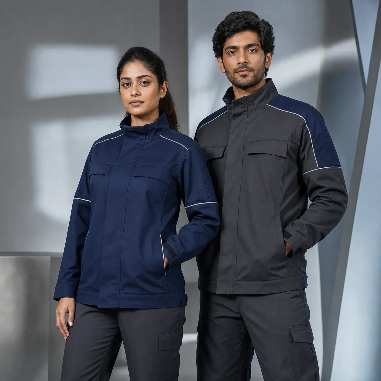Woman in navy work jacket and man in grey and navy jacket, reflective piping and chest pockets